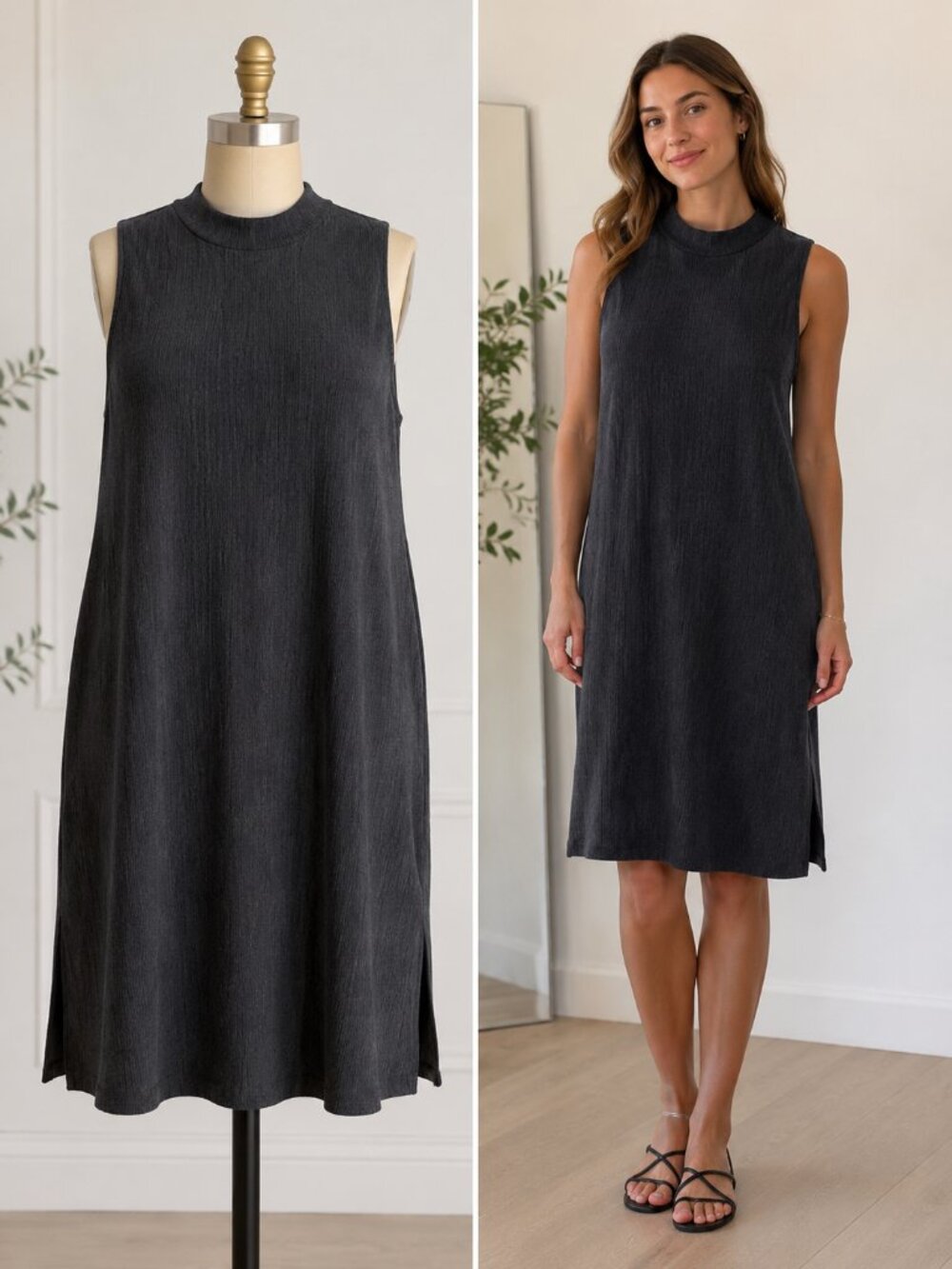 Eileen Fisher System XL Charcoal Crinkle TENCEL Mock Neck Shift Dress EUC